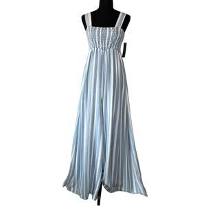 Tractr Women’s Blue White Striped Tencel Wide Leg Smocked Jumpsuit Size 10 New
